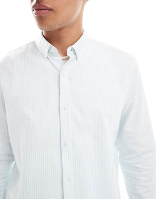 Asos New Look Long Sleeve Stripe Shirt In Light Blue