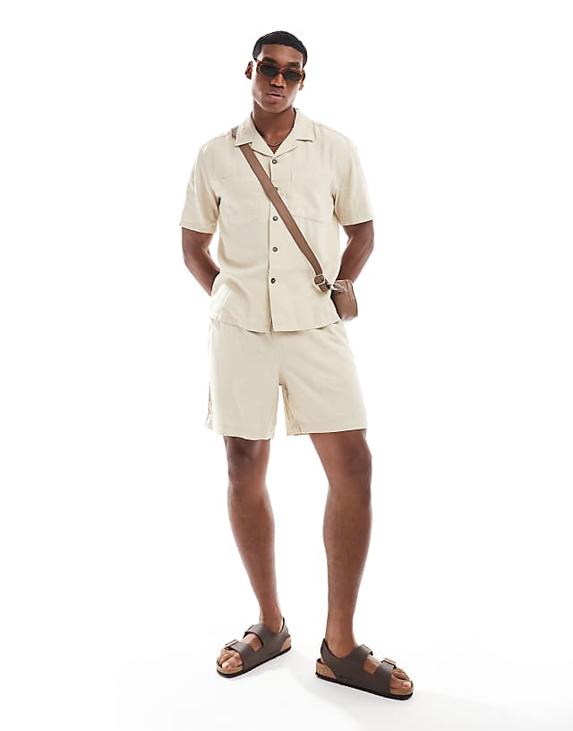 Asos New Look New Look Double Pocket Boxy Linen-blend Shirt & Short Co-ord In Stone