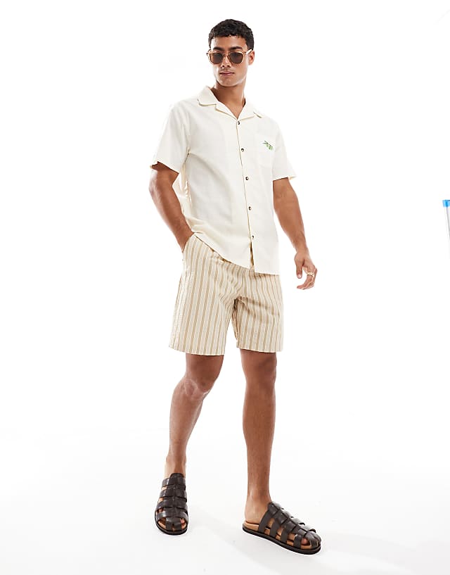 Asos New Look Olive Embroidered Linen-look Revere Shirt In Off White