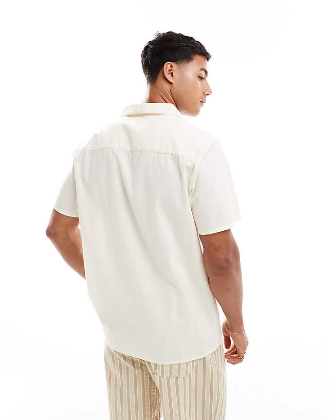 Asos New Look Olive Embroidered Linen-look Revere Shirt In Off White