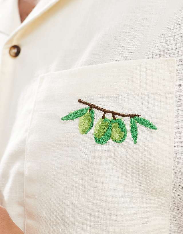 Asos New Look Olive Embroidered Linen-look Revere Shirt In Off White