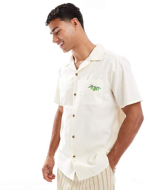 asos New Look olive embroidered linen-look revere shirt in off white