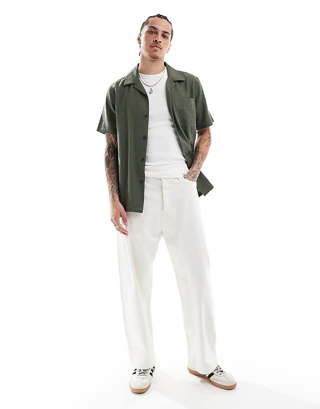 Asos New Look Revere Linen-blend Shirt In Dark Green