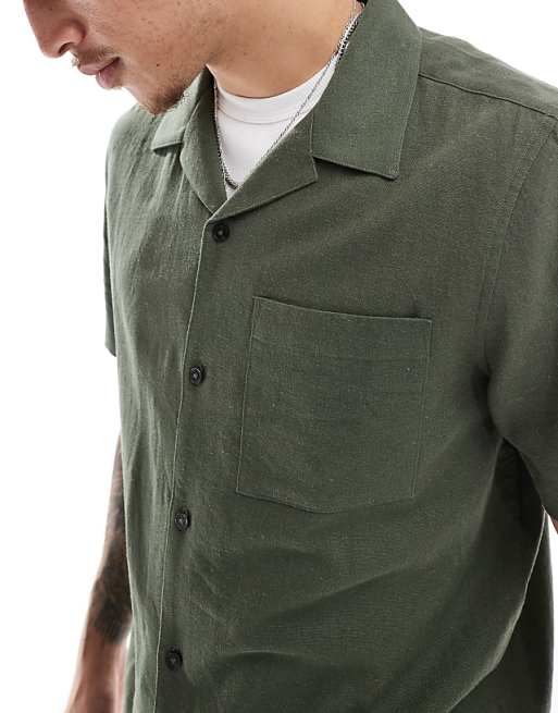 Asos New Look Revere Linen-blend Shirt In Dark Green
