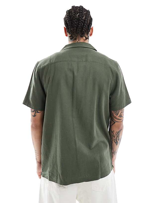 Asos New Look Revere Linen-blend Shirt In Dark Green
