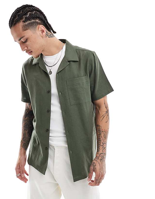 asos New Look revere linen-blend shirt in dark green