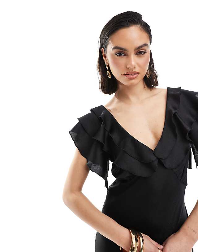 Asos New Look Ruffle Sleeve Satin Midi Dress In Black