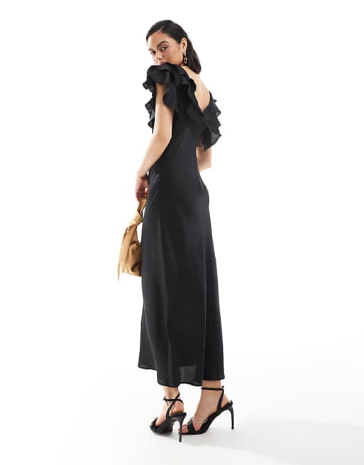 Asos New Look Ruffle Sleeve Satin Midi Dress In Black