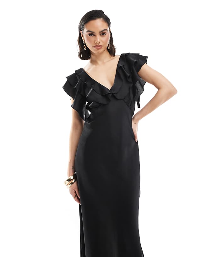 Asos New Look Ruffle Sleeve Satin Midi Dress In Black
