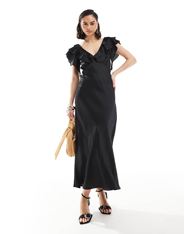 asos New Look ruffle sleeve satin midi dress in black