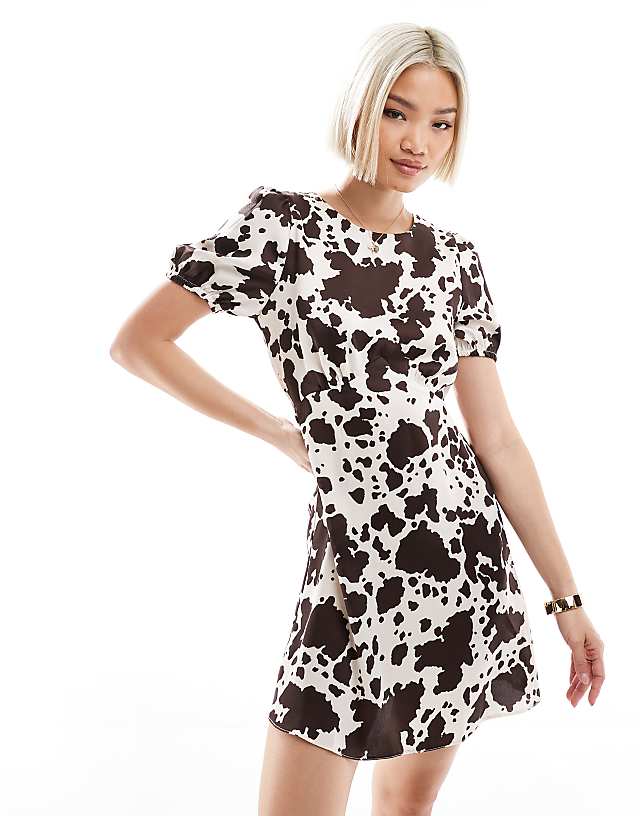 Asos New Look Satin Open Back Mini Dress In Cow Print