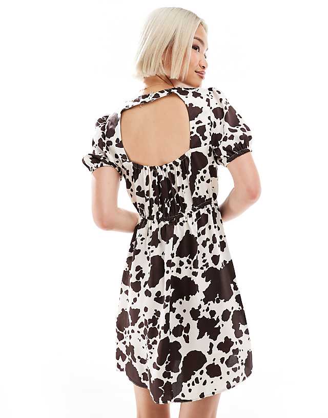 Asos New Look Satin Open Back Mini Dress In Cow Print
