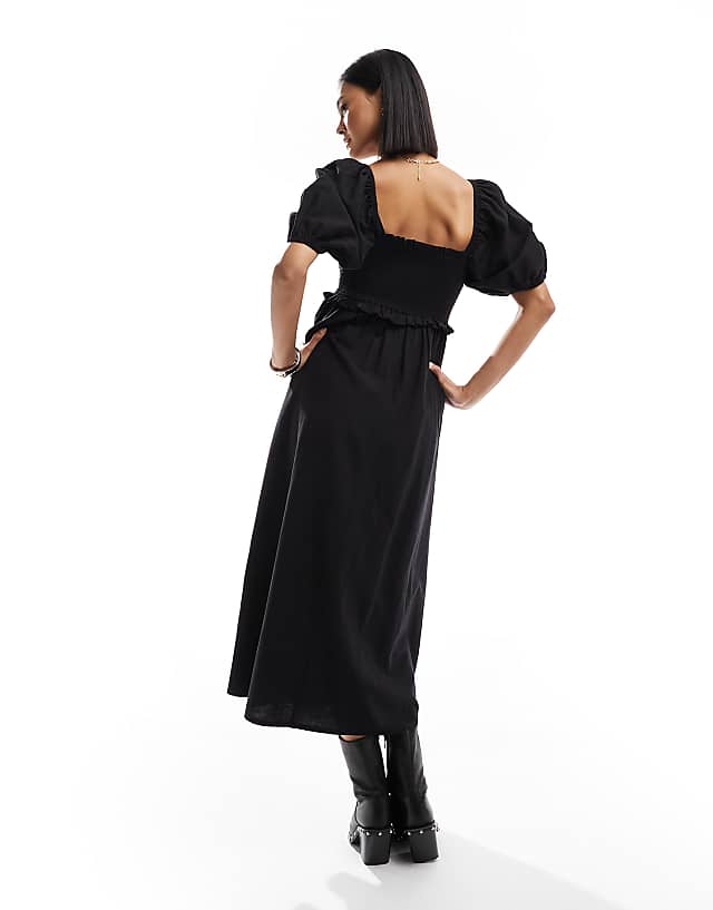Asos New Look Shirred Puff Sleeve Linen Blend Midi Dress In Black