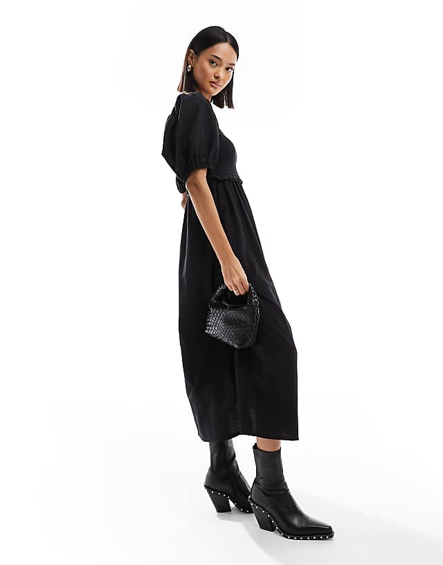 Asos New Look Shirred Puff Sleeve Linen Blend Midi Dress In Black