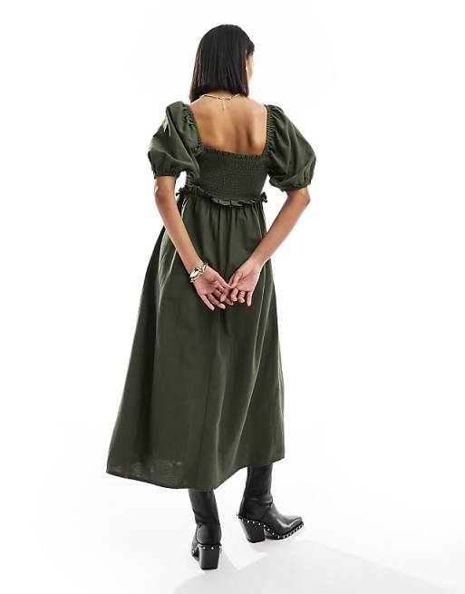 Asos New Look Shirred Puff Sleeve Linen Blend Midi Dress In Khaki