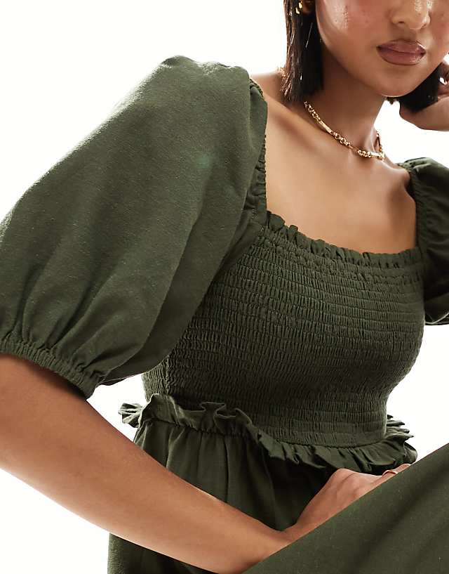 Asos New Look Shirred Puff Sleeve Linen Blend Midi Dress In Khaki
