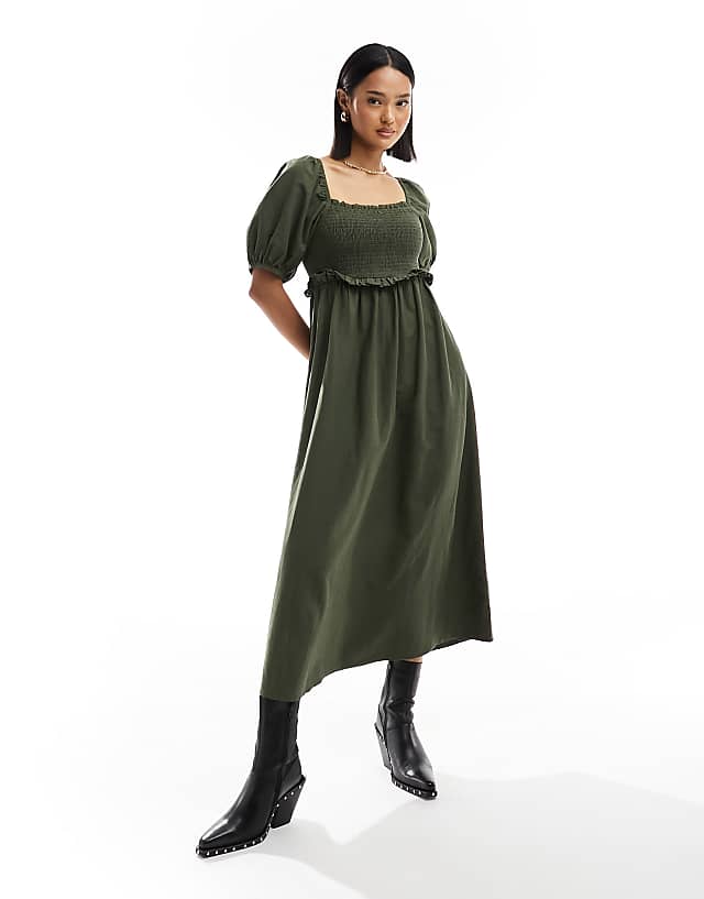 asos New Look shirred puff sleeve linen blend midi dress in khaki
