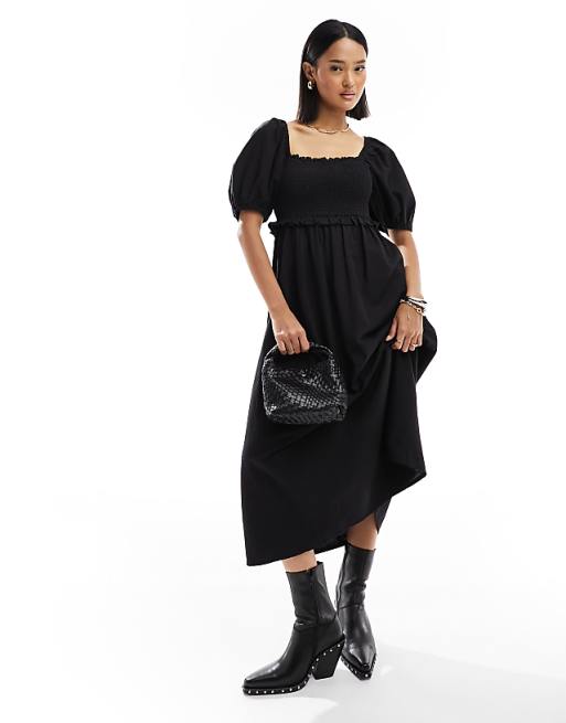 asos New Look shirred puff sleeve linen blend midi dress in black