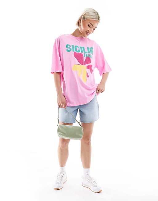 Asos New Look Sicilia Logo Oversized T-shirt In Pink