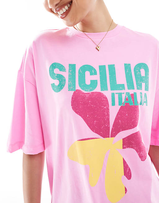 Asos New Look Sicilia Logo Oversized T-shirt In Pink