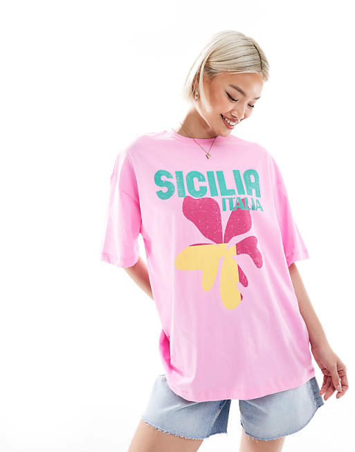 asos New Look Sicilia logo oversized t-shirt in pink