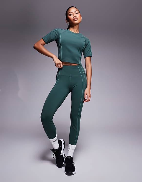 asos Nike One Training reflective piping cropped t-shirt and leggings in green