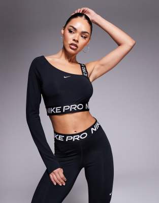 Asos Nike Pro Training Asymetric Medium Support Sports Bra And Crop Top In Black