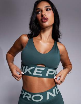 Asos Nike Pro Training Medium Support Sports Bra And Leggings In Green