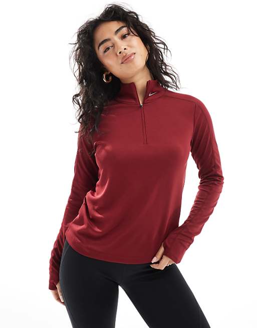 asos Nike Running Gym Life Swoosh Pacer Dri-FIT half zip long sleeve top in burgundy