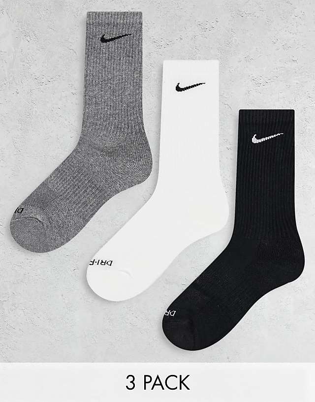 asos Nike Training Everyday Cushioned Plus 3 pack crew socks in white grey and black