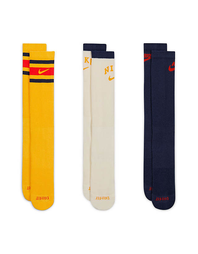 Asos Nike Training Retro Log Everyday Plus 3 Pack Logo Socks In Yellow White And Navy