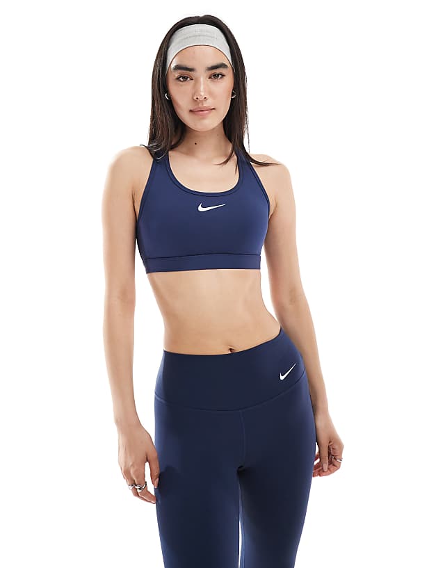 Asos Nike Training Swoosh Medium Support Sports Bra In Navy