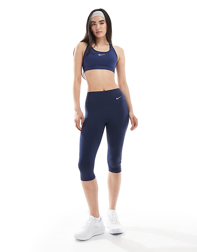 Asos Nike Training Swoosh Medium Support Sports Bra In Navy