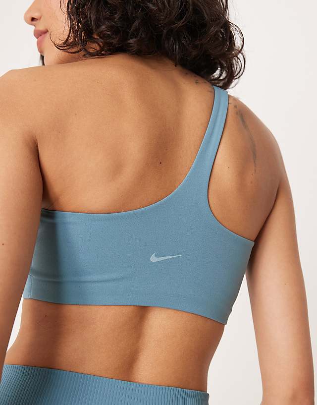 Asos Nike Training Zenvy Dri-FIT Soft Touch Asymmetric Sports Bra In Blue