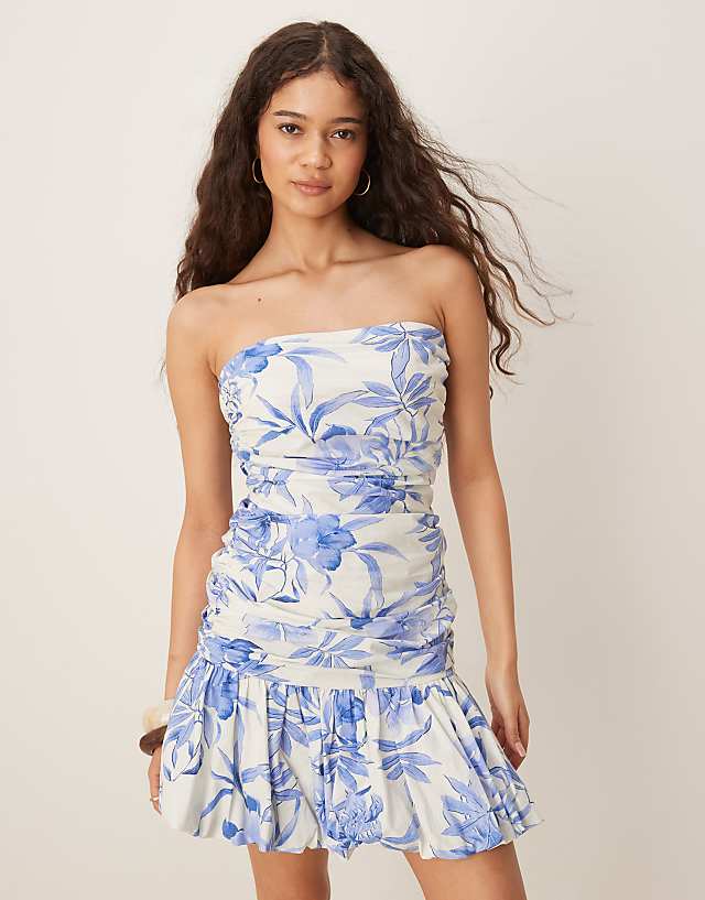 asos Nobody's Child Briony bandeau bubble hem mini dress in blue floral