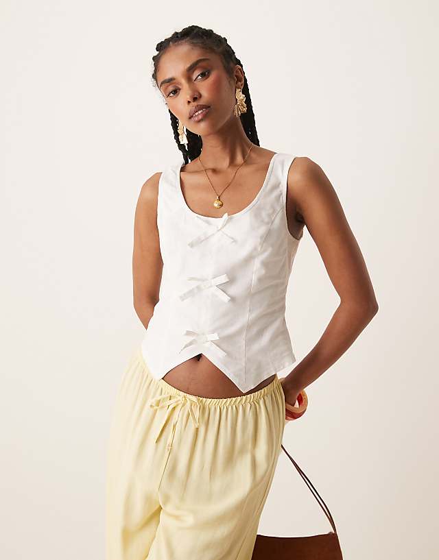 asos Nobody's Child Justina bow detail linen waistcoat in white