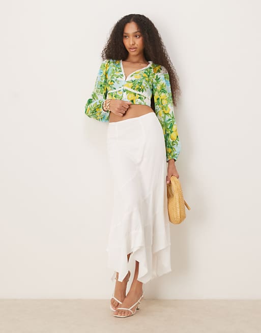 Asos Nobody's Child Odetta Linen Crop Top In Lemon Scenic Print