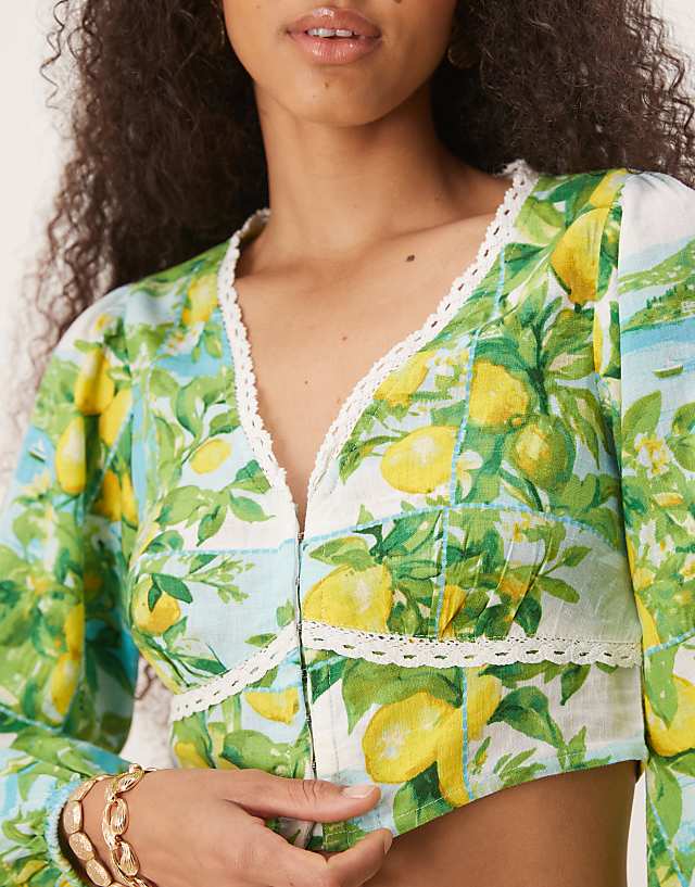 Asos Nobody's Child Odetta Linen Crop Top In Lemon Scenic Print