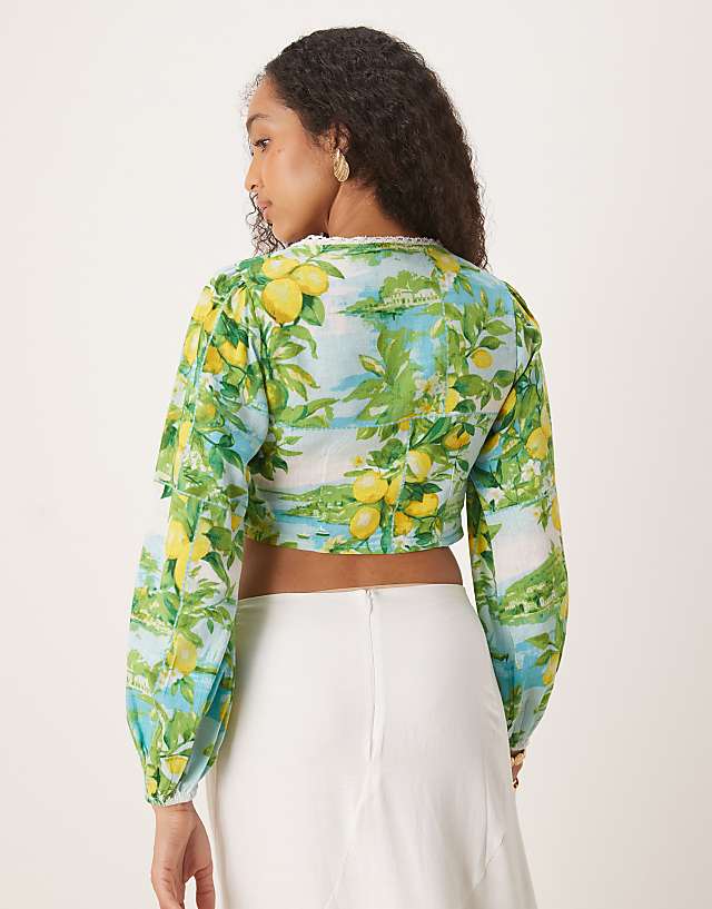 Asos Nobody's Child Odetta Linen Crop Top In Lemon Scenic Print