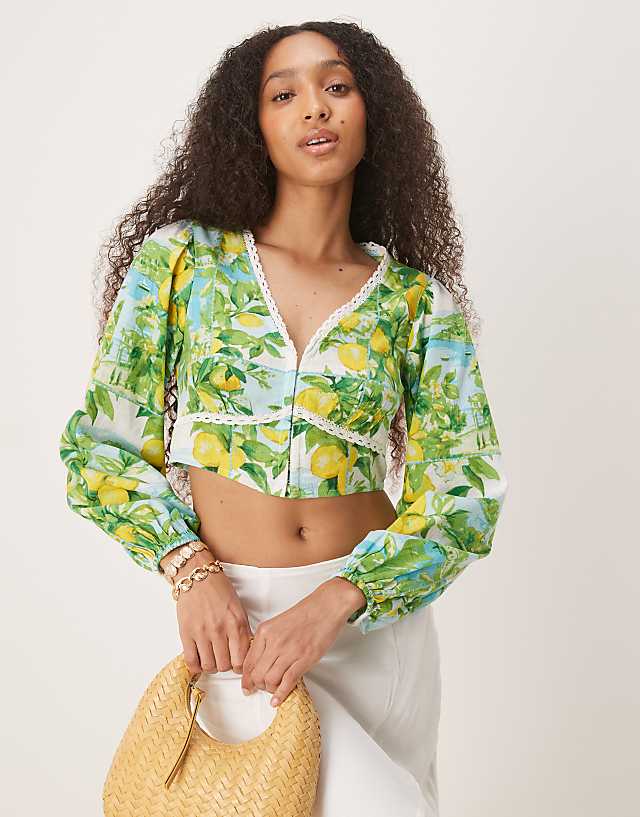 asos Nobody's Child Odetta linen crop top in lemon scenic print