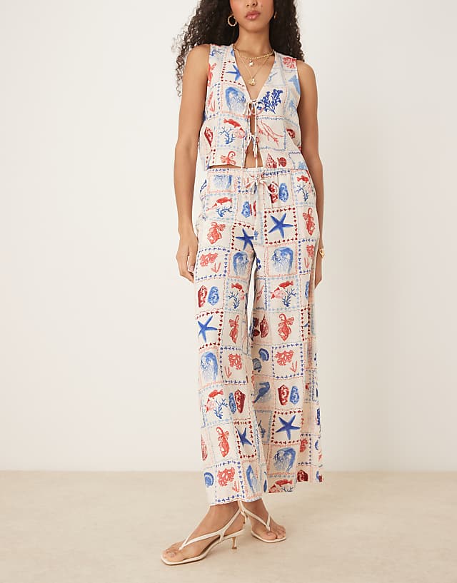 Asos Nobody's Child Reese Linen Wide Leg Trousers Co-ord In Shell Tile Print