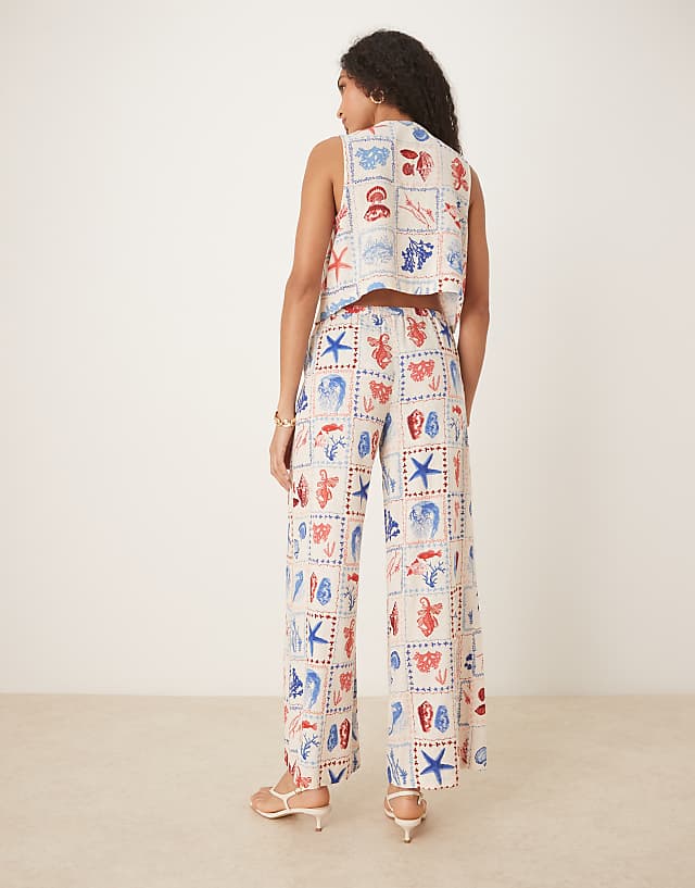 Asos Nobody's Child Reese Linen Wide Leg Trousers Co-ord In Shell Tile Print
