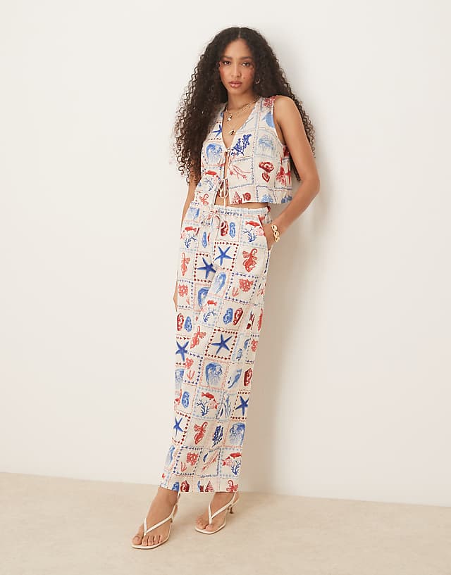 asos Nobody's Child Reese linen wide leg trousers co-ord in shell tile print