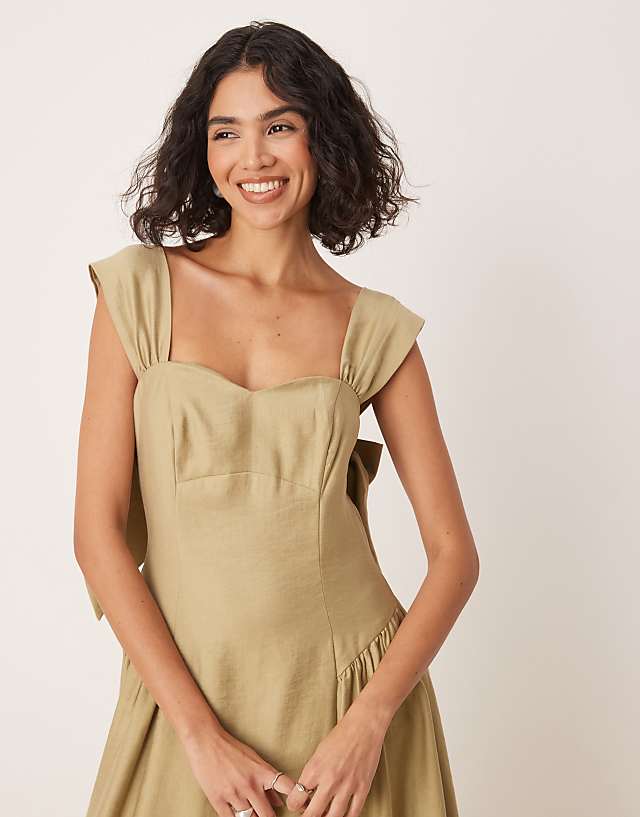 Asos Nobody's Child Rue Structured Midi Dress With Bow Straps In Khaki