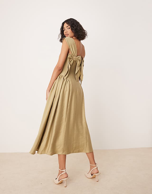 Asos Nobody's Child Rue Structured Midi Dress With Bow Straps In Khaki