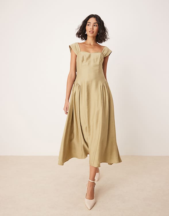 asos Nobody's Child Rue structured midi dress with bow straps in khaki