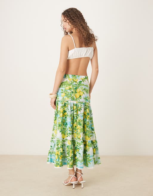 Asos Nobody's Child Summer Tiered Linen Skirt In Lemon Scenic Print