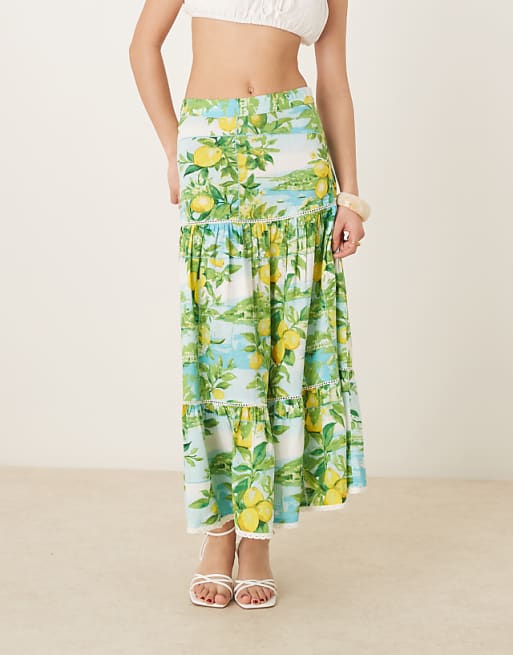 Asos Nobody's Child Summer Tiered Linen Skirt In Lemon Scenic Print
