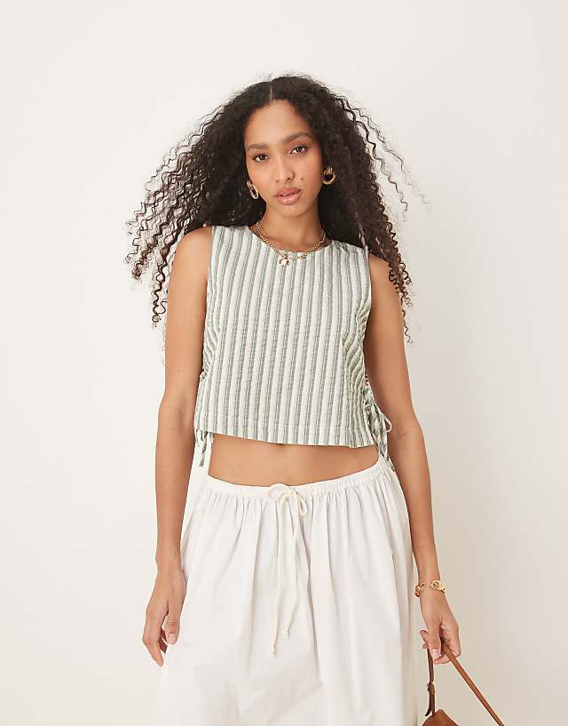 asos Nobody's Child Verity tie-side linen top in beige stripe