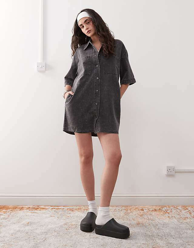 Asos Noisy May Denim Mini Shirt Dress In Washed Grey